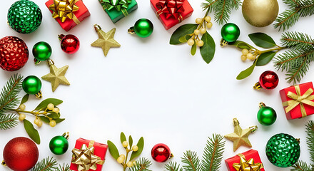 Christmas concept Top view photo of red green and gold baubles star ornaments present boxes with bow 42559648 1