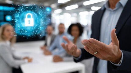 Faceless expert presenting to team, defocused cybersecurity display, data protection risks concept, professional training session, security education meeting, threat awareness pres