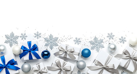 Christmas concept Top view vertical photo of gift boxes with ribbon bows blue white silver baubles a 55070625 1