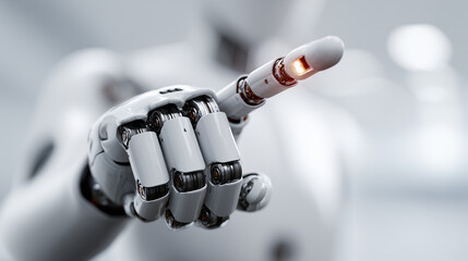 Robot hand pressing virtual lock button, defocused futuristic interface, cybersecurity concept, automated data protection, AI security technology, digital defense system, with copy