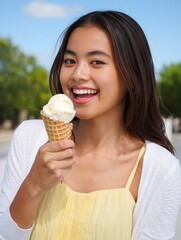 Smiling Woman Enjoying Ice Cream on a Sunny Day