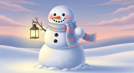 Obraz premium Whimsical Snowman with Lantern in Winter Wonderland Illustration.