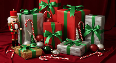 Christmas gifts adorned with green ribbons nutcracker candy canes and ornaments create a joyful holi 24782876 1