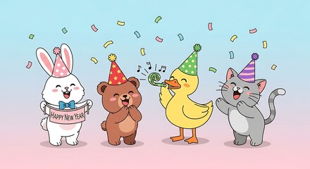 Festive Cartoon Animals Celebrating New Year with Confetti.