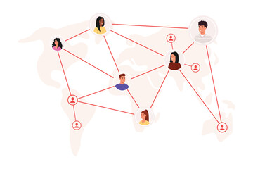 Vector illustration of international communication. Cartoon scene world map, people marked from different countries, communicating isolated on white background. Global networks. Social networks.