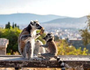 Obraz premium Two lemurs sit together on a wooden platform. One shares food against an out-of-focus city backdrop
