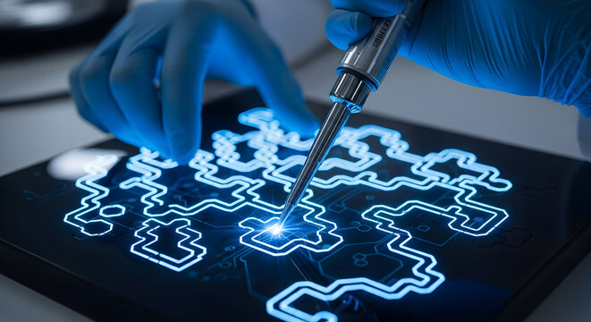 Precision Work Lab Technician Interacting with Illuminated Circuitry on Tablet - Powered by Adobe