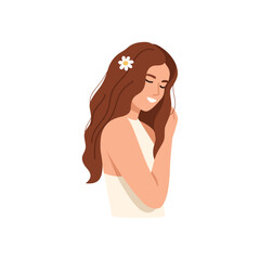 Vector illustration of a gentle, fragile girl. Cartoon scene of a young beautiful girl with a flower in her long hair, a smile, a downcast look, a light dress isolated on a white background.