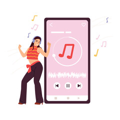 Vector illustration of a beautiful girl listening to music. Cartoon scene of a stylish young girl in headphones dancing passionately, listening to music from a playlist isolated on a white background.
