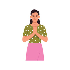 Vector illustration of a young girl praying. Cartoon scene of a girl with folded hands praying, wearing a polka dot t-shirt, skirt, earrings in her ears isolated on a white background. Christianity.