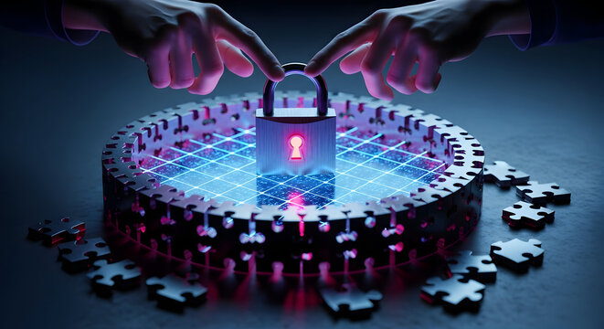 Securing Digital Data a Futuristic Padlock and Jigsaw Puzzle Concept