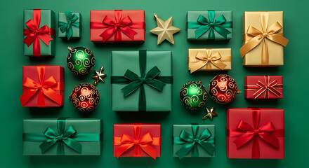 Christmas presents concept Top view photo of gift boxes with ribbon bows red green gold baubles and 20737475 1
