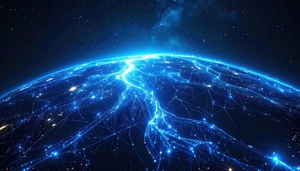 Blue planet Earth in space with the sun and distant stars illuminating the globe