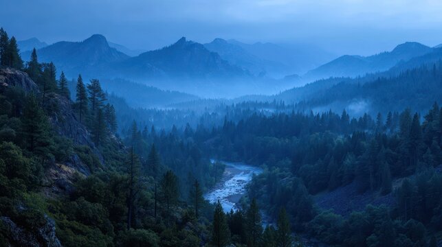 Tranquil alpine valley enveloped by cool blue fog