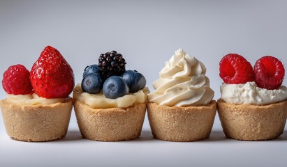 Four delicious mini tarts lined up on a white background, topped with fresh fruit: raspberry, strawberry, blueberry, and whipped cream.