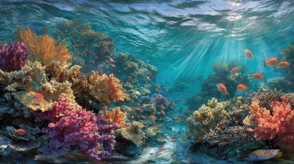 Fototapeta premium Tranquil Ocean Reef Landscape: Brilliant Corals, Tiny Fish, and Dappled Sunlight