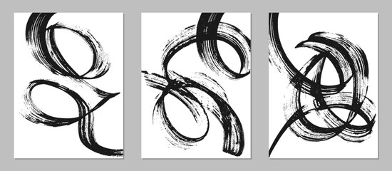 Set of abstract backgrounds. Black ink brush strokes, patterns, posters, cover.