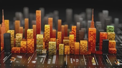 Cityscape Mosaic: An abstract representation of a modern city, rendered in a mosaic of textured, colorful blocks, conveying the complexity and vibrancy of urban life.