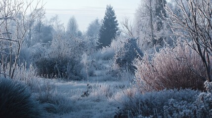 Tranquil winter garden with hoarfrost: serene blue-toned morning light over frosted greenery
