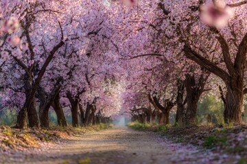 Obraz premium Tree-lined almond avenue in full spring pink bloom