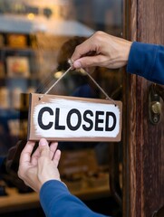 Hand Hanging "Closed" Sign on Wooden Door
