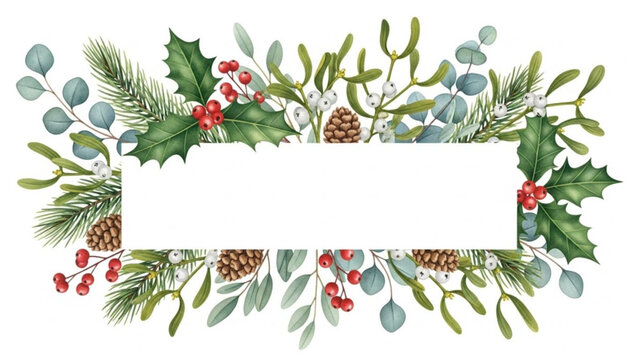 Watercolor christmas frame with holly mistletoe pine branches eucalyptus leaves berries and pinecones for festive holiday designs