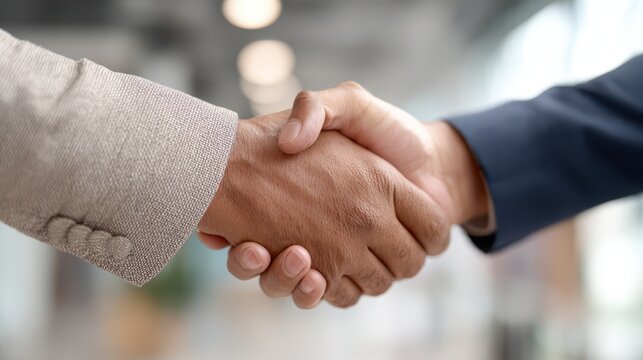 Two business professionals shaking hands in a modern office, symbolizing trust, agreement, and collaboration - Powered by Adobe