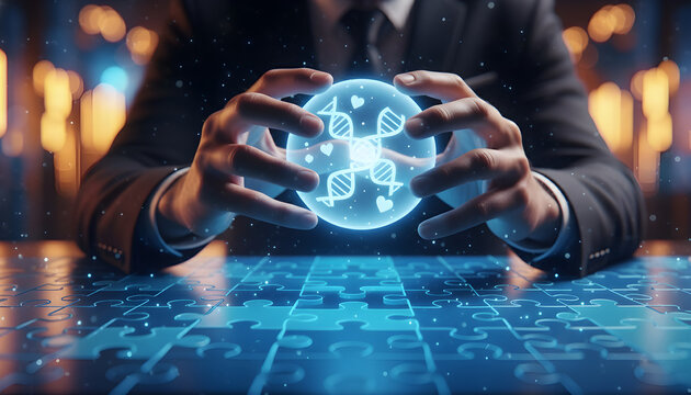 Businessman Holds a Glowing Dna Globe on a Digital Puzzle Board