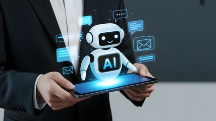 Artificial Intelligence Chatbot on Tablet Screen Smart Assistant and Digital Communication Concept