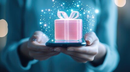 Woman holding smartphone with glowing hologram gift box above it, symbolizing christmas online shopping, gift delivery or digital surprises concept.