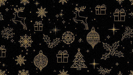 Elegant christmas pattern with golden reindeer snowflakes ornaments gifts and holly on a black background for festive holiday designs