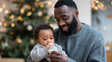 Faceless single dad feeding baby near Christmas tree, winter parenting moment, holiday infant care concept, seasonal home bonding, defocused festive decorations background , with c