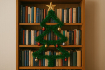 Obraz premium Festive bookshelf with garland christmas tree and star ornament