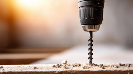 Close-up of drywall screws being driven into wall. A cordless drill secures a screw into drywall, with subtle plaster dust surrounding the bit. The handheld framing and warm daylig