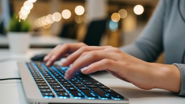 Dynamic typing action with focused hands on illuminated keyboard at modern workspace