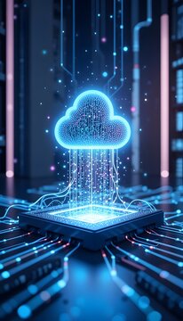 Futuristic 3D data flow from server storage to glowing blue cloud icon, neon particle streams, volumetric lighting, ultra-clean corporate technology concept, symmetrical digital infrastructure render