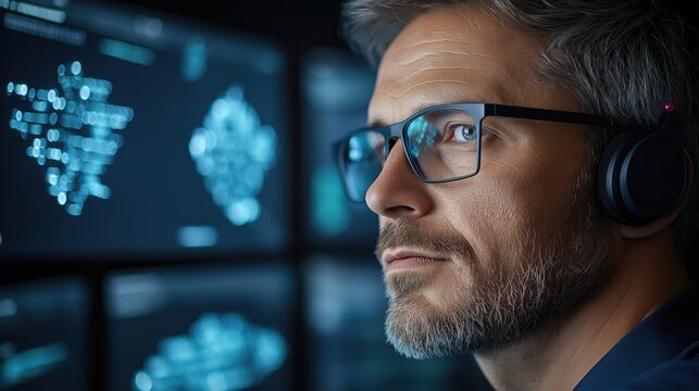 A professional individual wearing a headset, intensely focused on screens displaying geographic and data interfaces in a high-tech office setting.