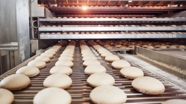 Industrial bakery conveyor oven with dough pieces baking in production line, automated bread manufacturing process, food factory equipment close up, commercial baking technology, fresh buns processing