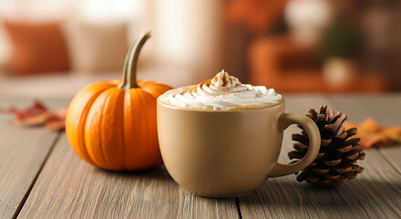 Cozy autumn coffee with pumpkin and pinecone decor in warm beige mug 89964004 1