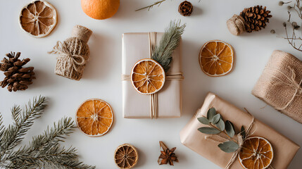 Natural Christmas theme with eco-friendly decorations, kraft paper gifts, dried oranges on white desk 