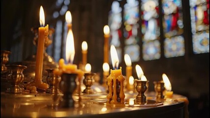 Closeup of burning yellow beeswax candles in brass holders inside a dimly lit church with stained glass window background, 4k video