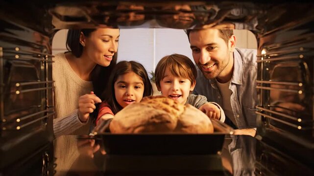 Family looking at bread baking inside the oven at home together