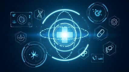 Concepto de atención médica futurista con una interfaz HUD holográfica que presenta íconos médicos brillantes.
 Estructura molecular con gráfico digital para presentación científica.
 Ilustración vect