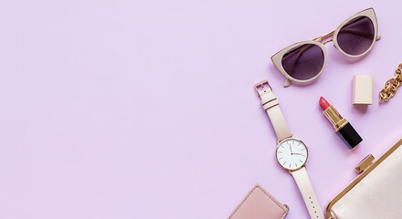 Violet Flat Lay Chic Women's Accessories Sunglasses and Watch