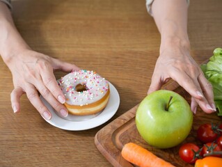 Hand Holding Donut Next to Healthy Food Options