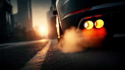 Black smoke from a car exhaust pipe on the road draws attention to air pollution issues and their effects on the environment.