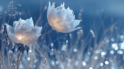 Luminescent flower sculptures amid silvery grass on a blurred blue backdrop