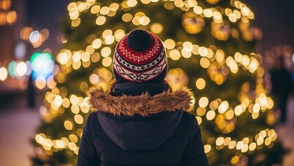 Person admiring Christmas lights on tree during winter holidays  