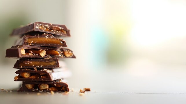 Stacked chocolate bars with salted caramel and pretzel in natural light, minimal elegant still life highlighting texture, form, indulgence, and modern confectionery design