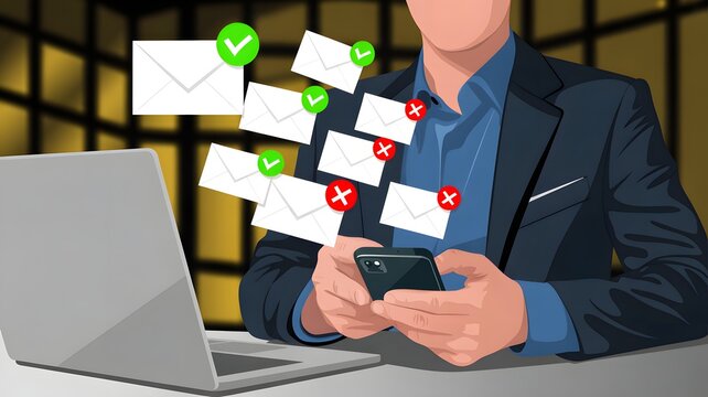 Businessman using smartphone and laptop surrounded by incoming email icons, digital communication marketing and message network concept